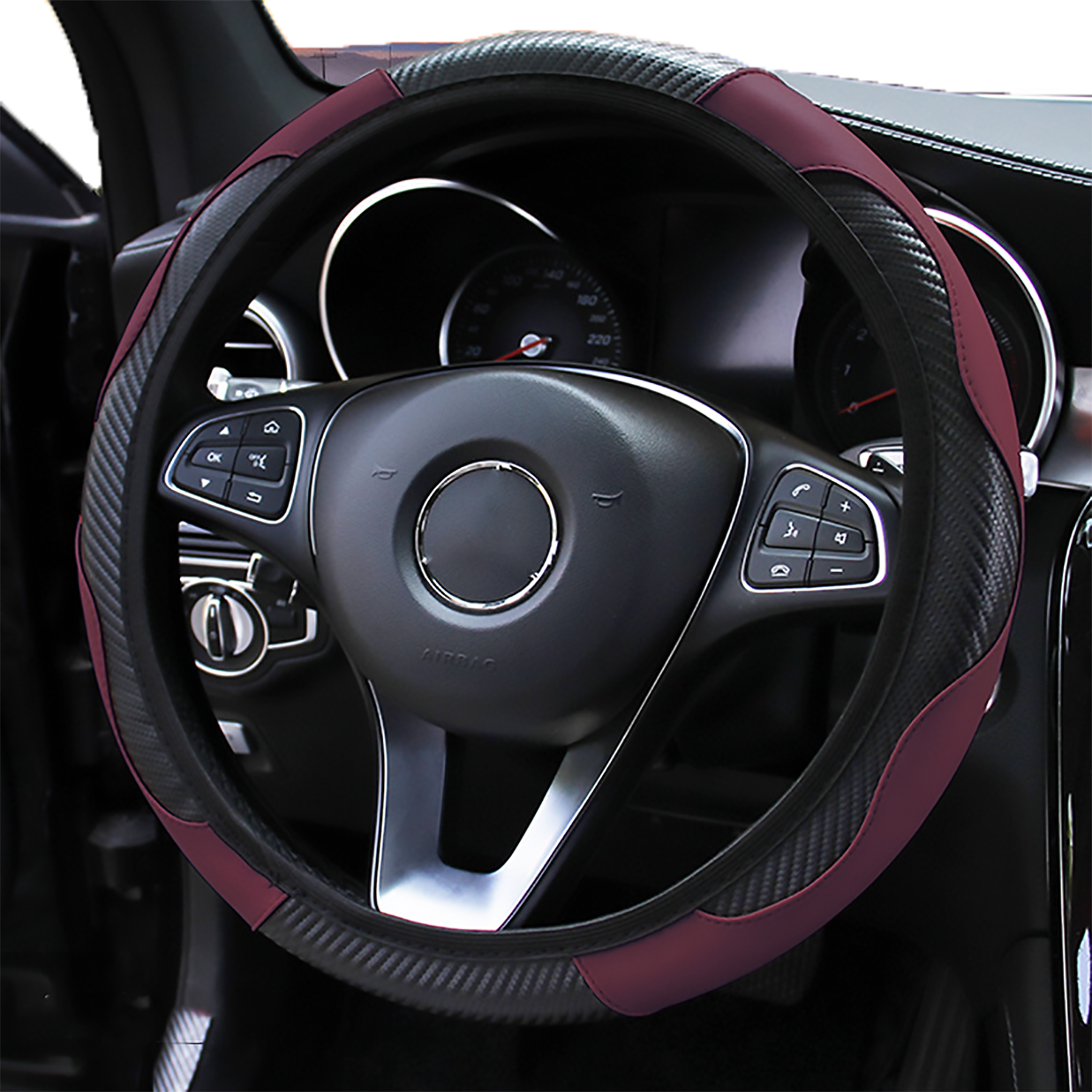 Yoroly Burgundy Carbon-Texture Steering Wheel Cover